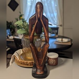 Wood Man Statue Art "Head In Hands" Hand Carved Wood Thinking Contemplating